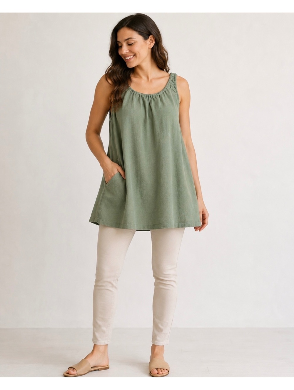 Free-est by Free People Women’s Sage Green Linen Cotton Blend Tunic Top Size M